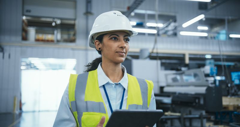 Safety professional holding tablet in industrial workplace.